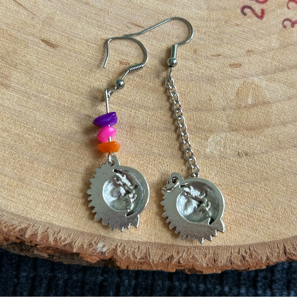 Bohemian Celestial Sun & Moon Polished Faux Rocks Colorful Drop Earrings - Picture 4 of 4